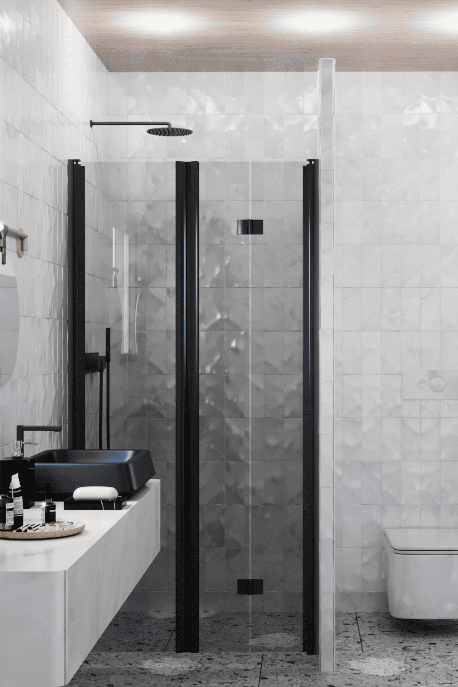 Alcove shower screen Hietakari Infinia 242, black frame, grey tinted glass Alcove shower screen Hietakari Infinia 242, black frame, grey tinted glass