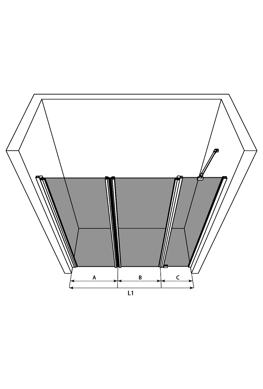 Alcove shower screen Hietakari Infinia 243 – 3D drawing Alcove shower screen Hietakari Infinia 243 – 3D drawing
