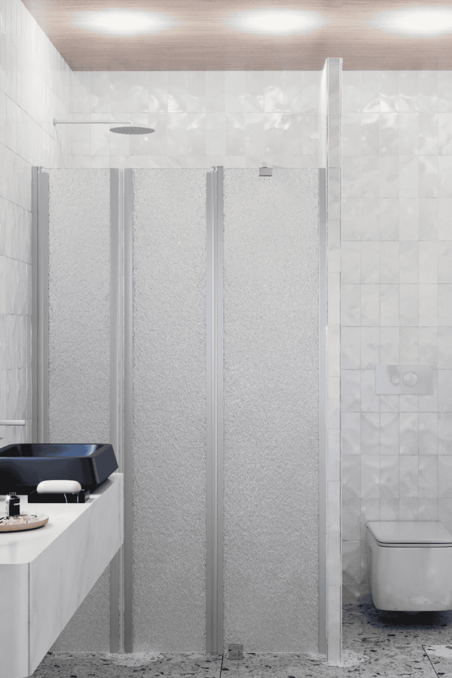 Alcove shower screen Hietakari Infinia 243, aluminium frame, Chinchilla patterned glass Alcove shower screen Hietakari Infinia 243, aluminium frame, Chinchilla patterned glass
