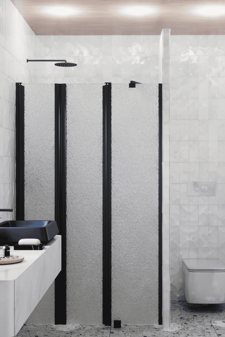 Alcove shower screen Hietakari Infinia 243, black frame, Chinchilla patterned glass Alcove shower screen Hietakari Infinia 243, black frame, Chinchilla patterned glass