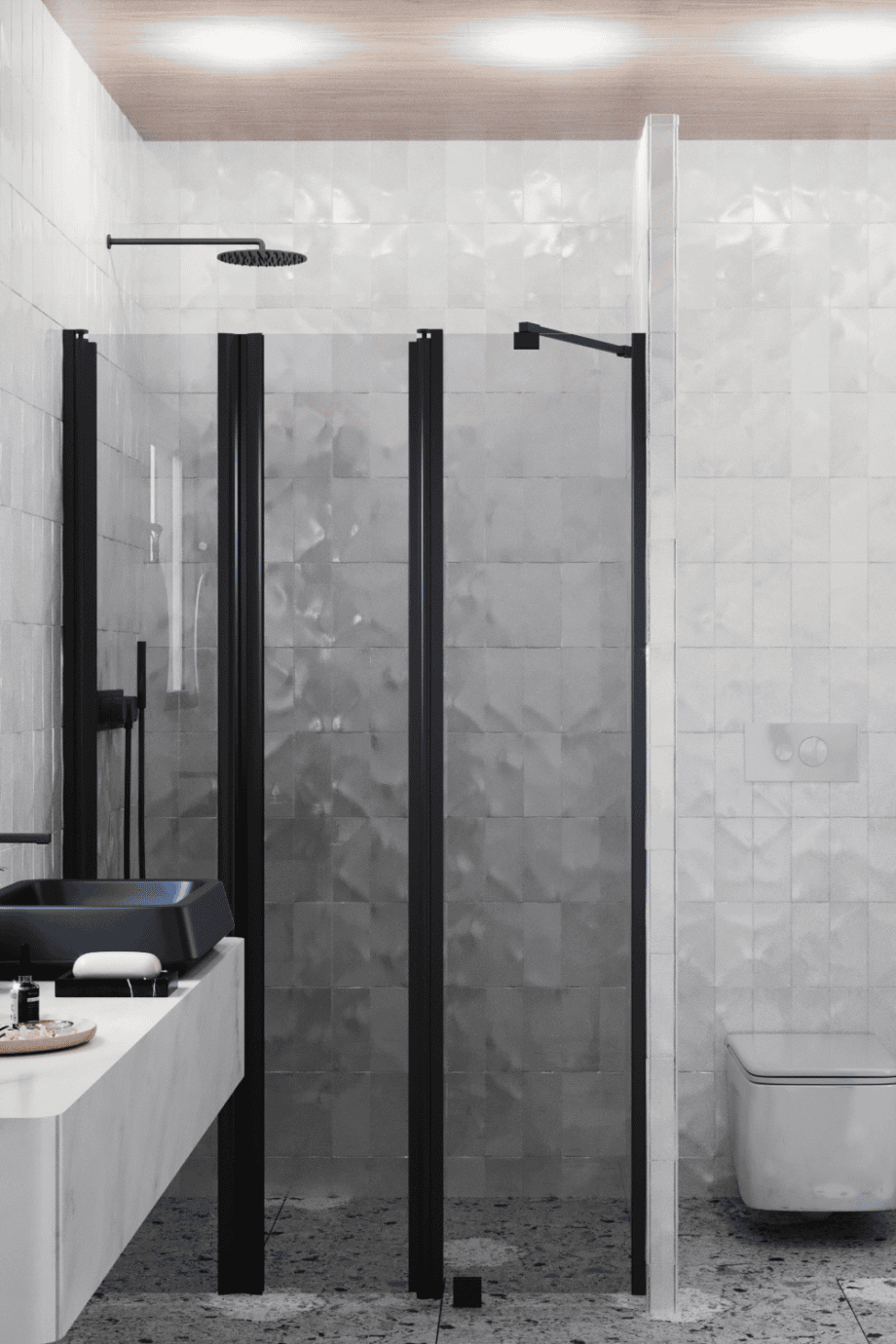 Alcove shower screen Hietakari Infinia 243, black frame, grey tinted glass Alcove shower screen Hietakari Infinia 243, black frame, grey tinted glass