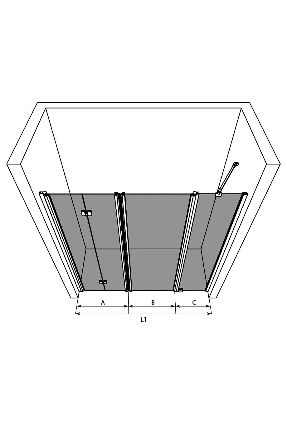 Alcove shower screen Hietakari Infinia 246 – 3D drawing Alcove shower screen Hietakari Infinia 246 – 3D drawing