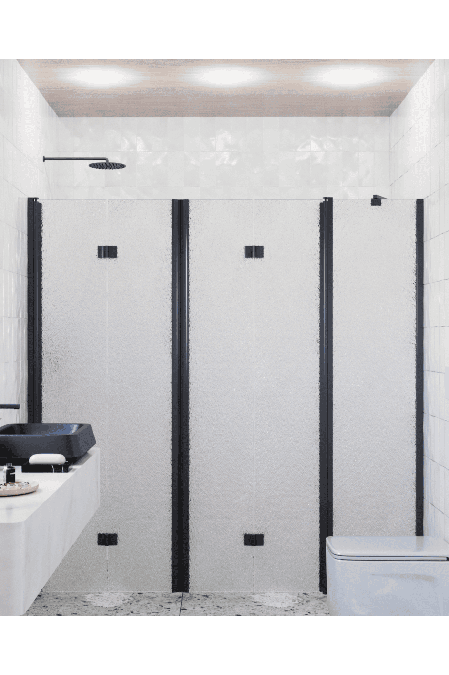 Alcove shower screen Hietakari Infinia 247, black frame, Chinchilla patterned glass Alcove shower screen Hietakari Infinia 247, black frame, Chinchilla patterned glass