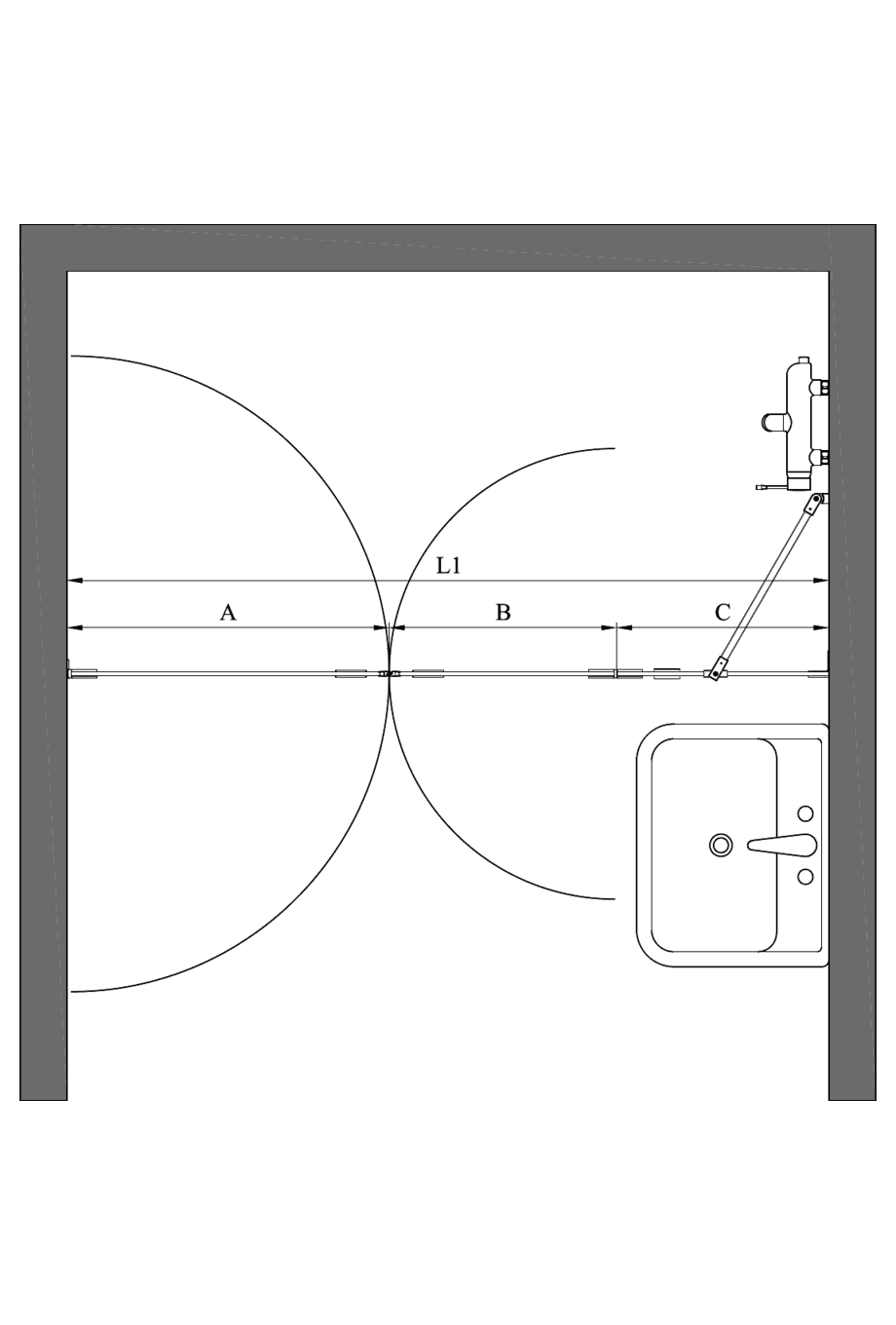 Alcove shower screen Hietakari Vetro 536 – dimension drawing Alcove shower screen Hietakari Vetro 536 – dimension drawing