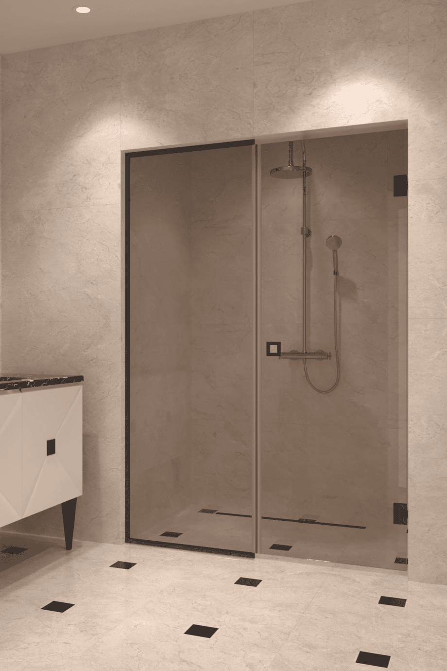 Alcove shower screen Hietakari Vetro 549, Cocoa fittings, bronze tinted glass Alcove shower screen Hietakari Vetro 549, Cocoa fittings, bronze tinted glass