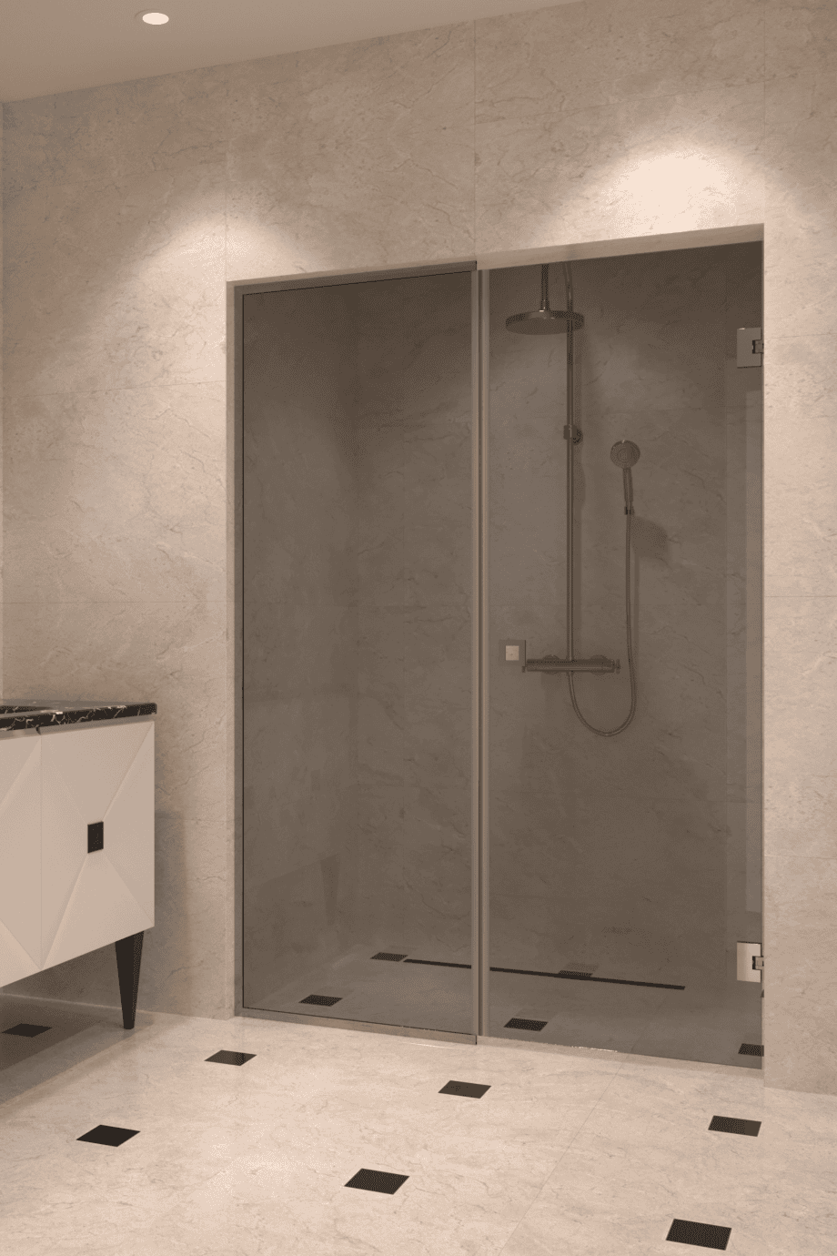 Alcove shower screen Hietakari Vetro 549, chrome fittings, grey tinted glass Alcove shower screen Hietakari Vetro 549, chrome fittings, grey tinted glass