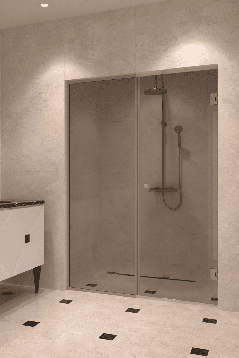 Alcove shower screen Hietakari Vetro 549, brass fittings, bronze tinted glass Alcove shower screen Hietakari Vetro 549, brass fittings, bronze tinted glass