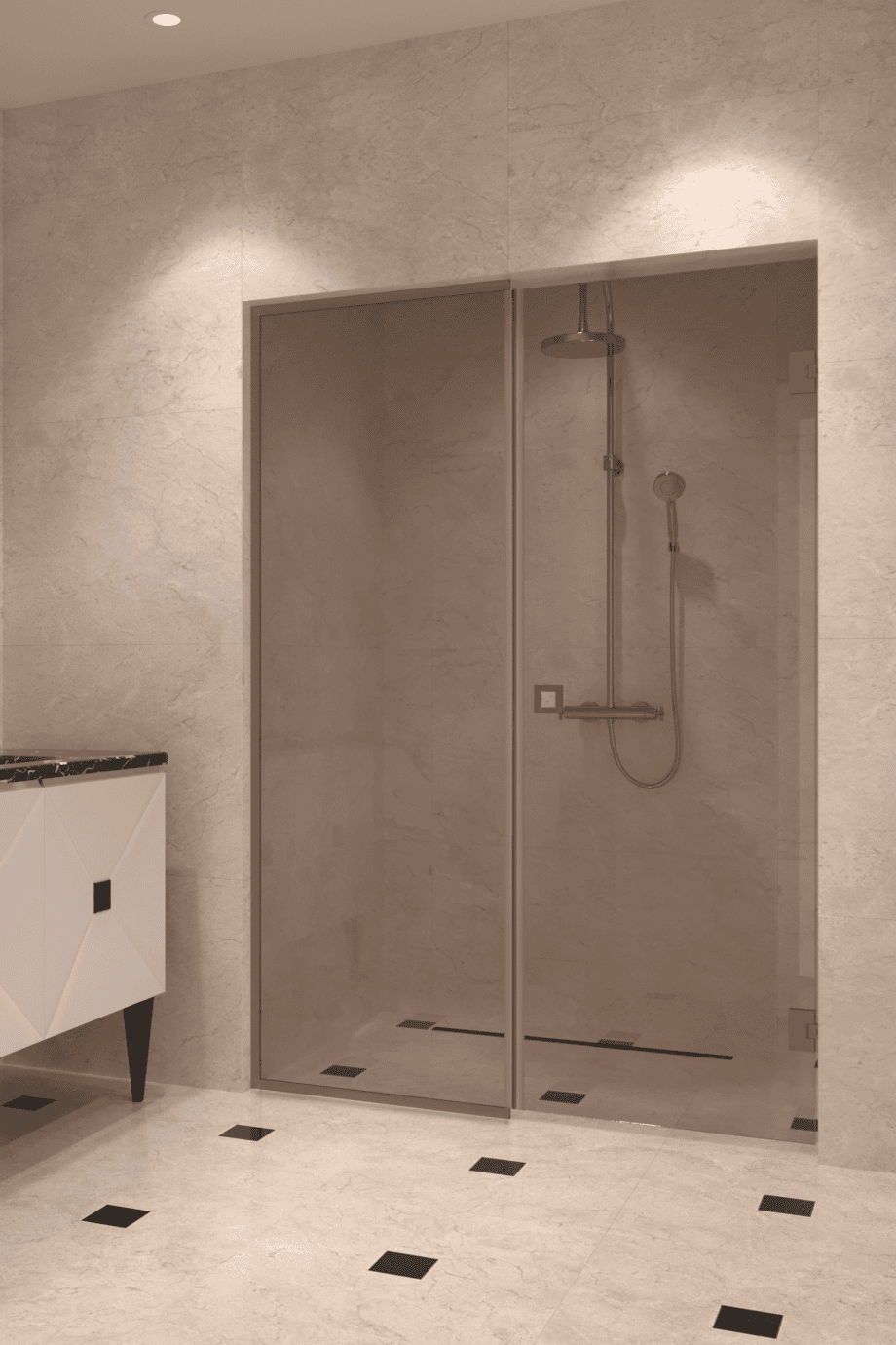 Alcove shower screen Hietakari Vetro 549, Mocha fittings, bronze tinted glass Alcove shower screen Hietakari Vetro 549, Mocha fittings, bronze tinted glass