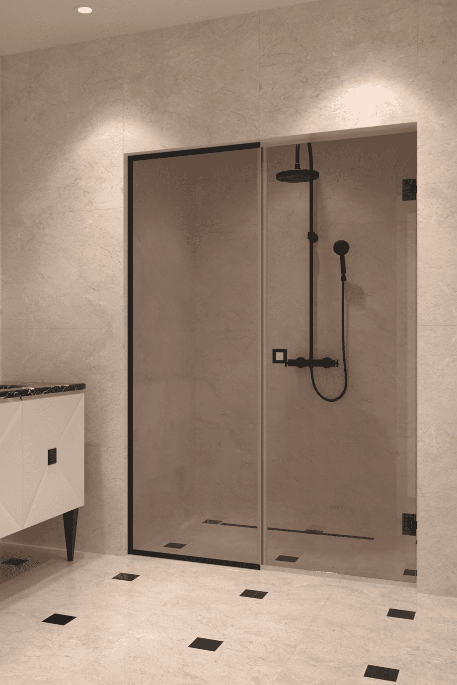 Alcove shower screen Hietakari Vetro 549, black fittings, bronze tinted glass Alcove shower screen Hietakari Vetro 549, black fittings, bronze tinted glass