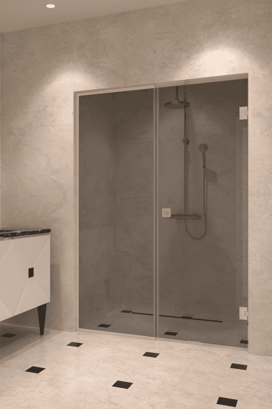 Alcove shower screen Hietakari Vetro 549, Sand fittings, grey tinted glass Alcove shower screen Hietakari Vetro 549, Sand fittings, grey tinted glass