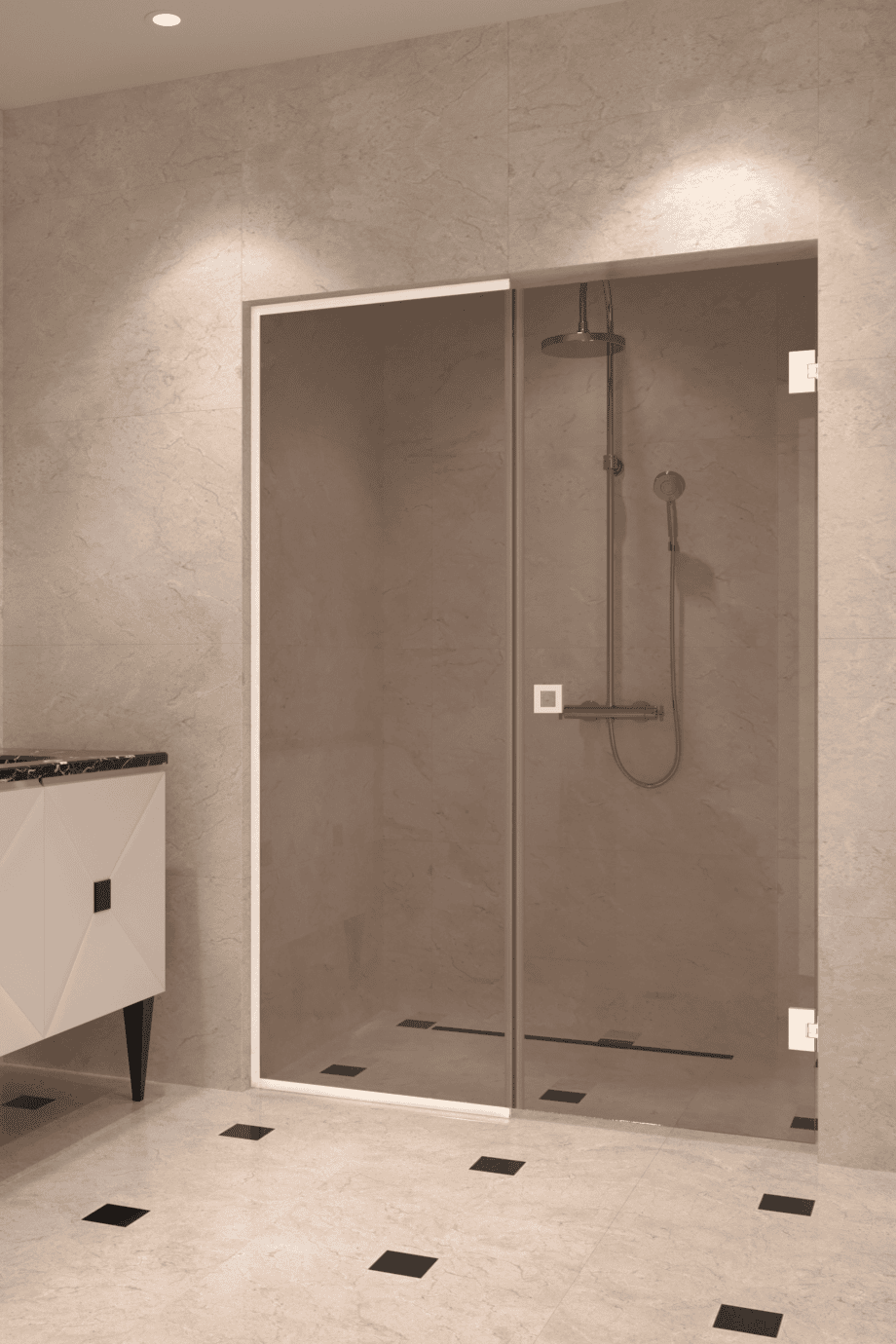 Alcove shower screen Hietakari Vetro 549, white fittings, bronze tinted glass Alcove shower screen Hietakari Vetro 549, white fittings, bronze tinted glass