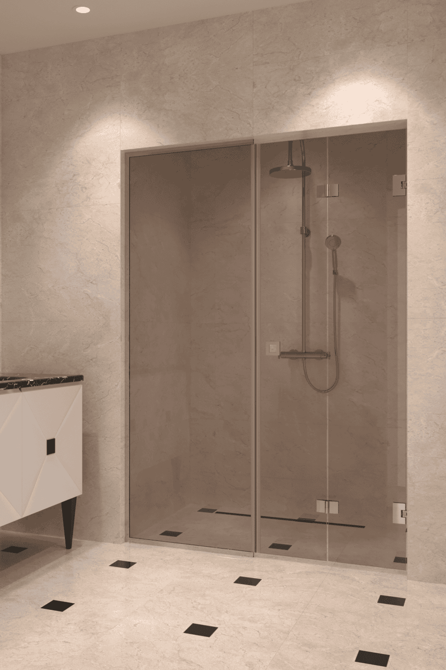 Alcove shower screen Hietakari Vetro 550, chrome fittings, bronze tinted glass Alcove shower screen Hietakari Vetro 550, chrome fittings, bronze tinted glass