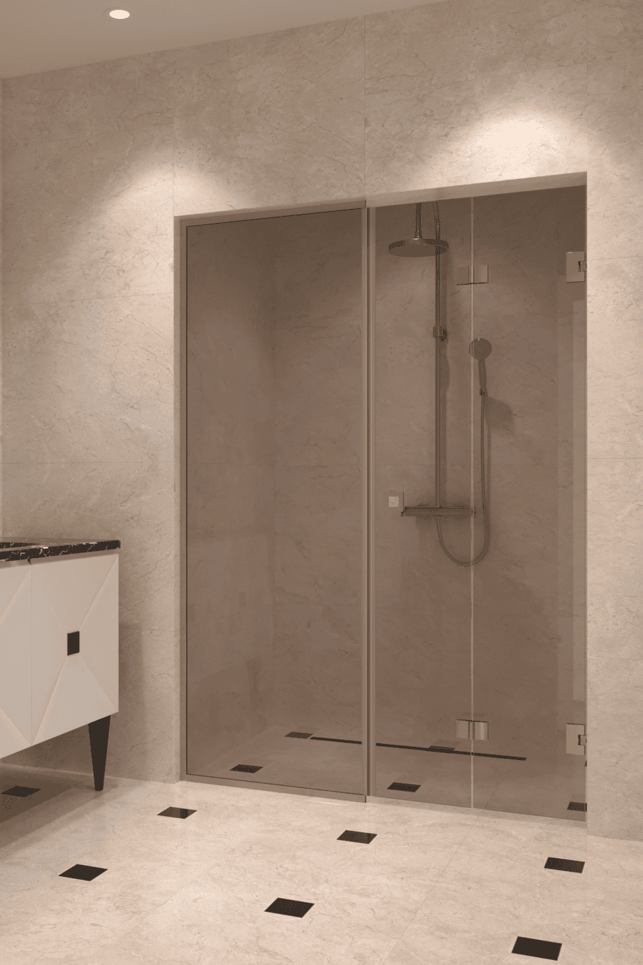 Alcove shower screen Hietakari Vetro 550, brass fittings, bronze tinted glass Alcove shower screen Hietakari Vetro 550, brass fittings, bronze tinted glass