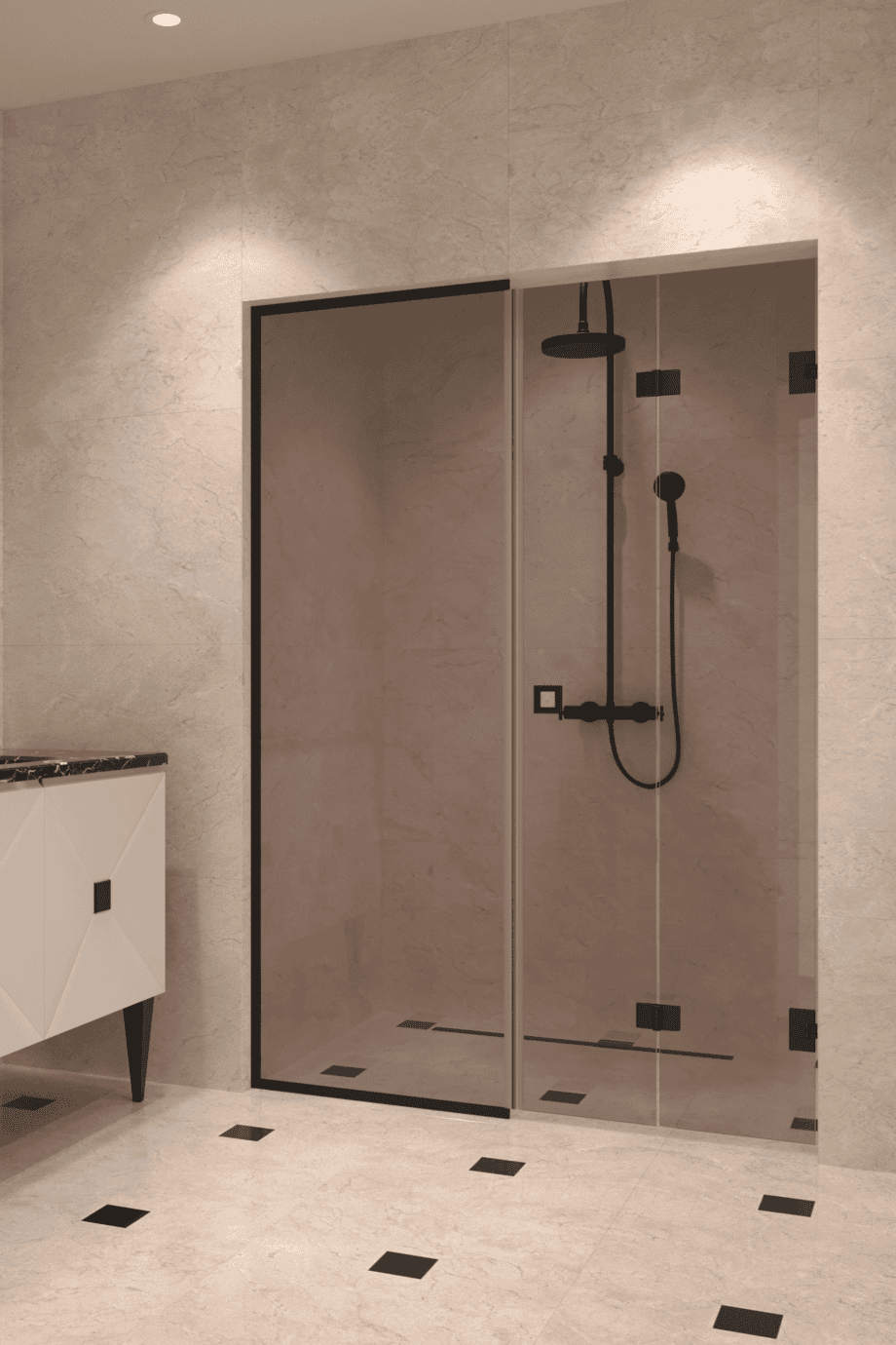 Alcove shower screen Hietakari Vetro 550, black fittings, bronze tinted glass Alcove shower screen Hietakari Vetro 550, black fittings, bronze tinted glass