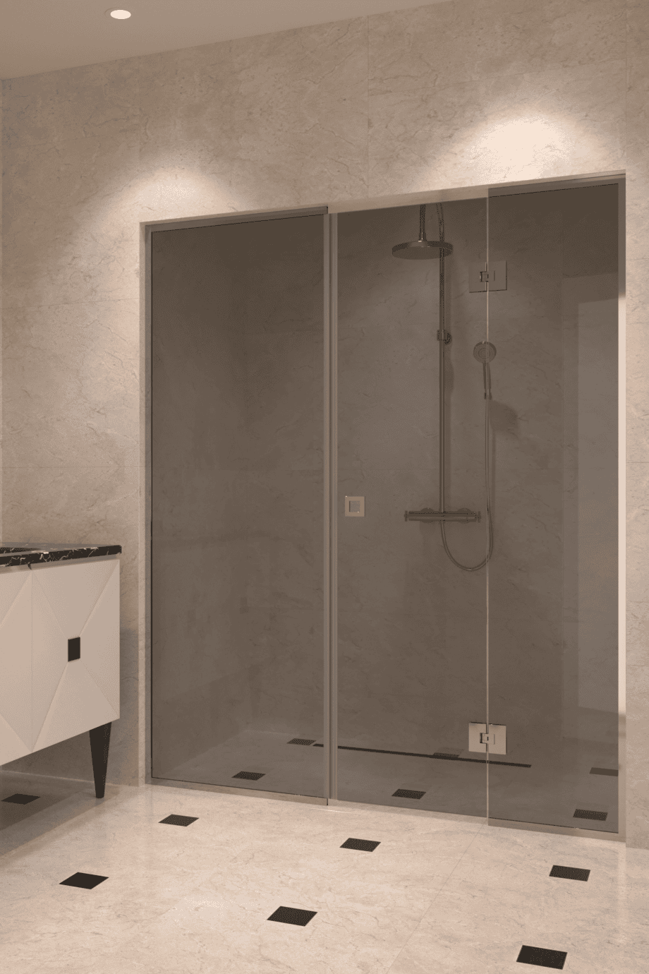 Alcove shower screen Hietakari Vetro 551, chrome fittings, grey tinted glass Alcove shower screen Hietakari Vetro 551, chrome fittings, grey tinted glass