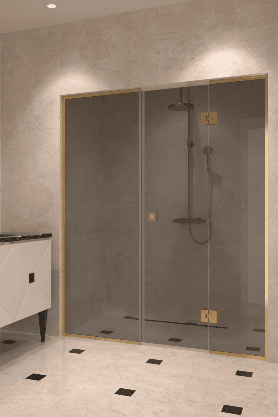 Alcove shower screen Hietakari Vetro 551, brass fittings, grey tinted glass Alcove shower screen Hietakari Vetro 551, brass fittings, grey tinted glass