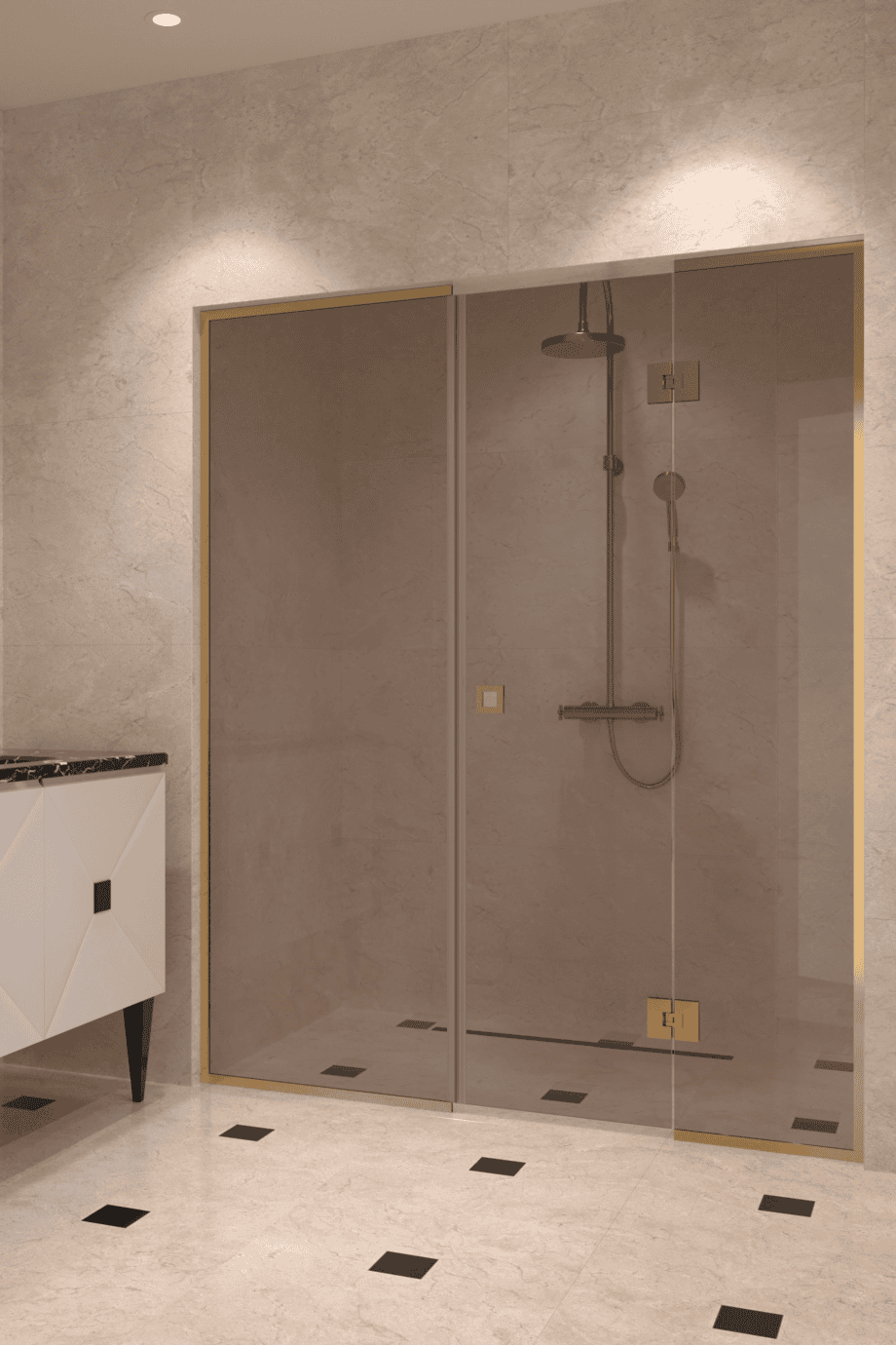 Alcove shower screen Hietakari Vetro 551, brass fittings, bronze tinted glass Alcove shower screen Hietakari Vetro 551, brass fittings, bronze tinted glass