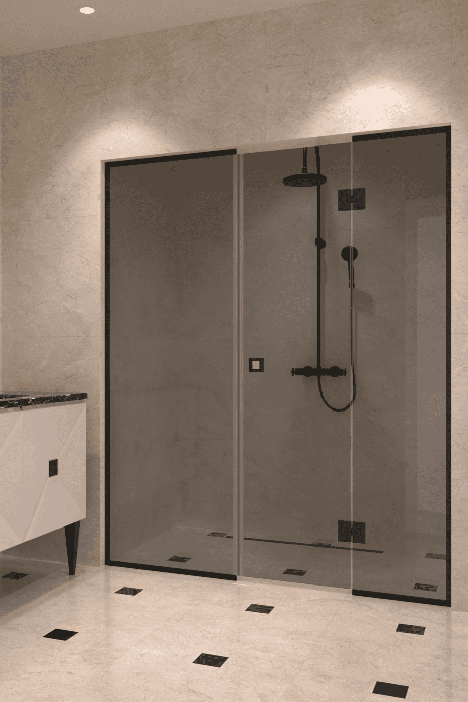 Alcove shower screen Hietakari Vetro 551, black fittings, grey tinted glass Alcove shower screen Hietakari Vetro 551, black fittings, grey tinted glass