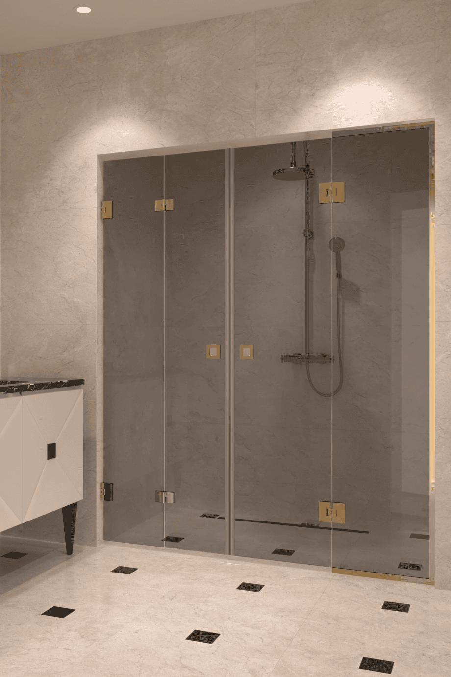 Alcove shower screen Hietakari Vetro 553, brass fittings, grey tinted glass Alcove shower screen Hietakari Vetro 553, brass fittings, grey tinted glass