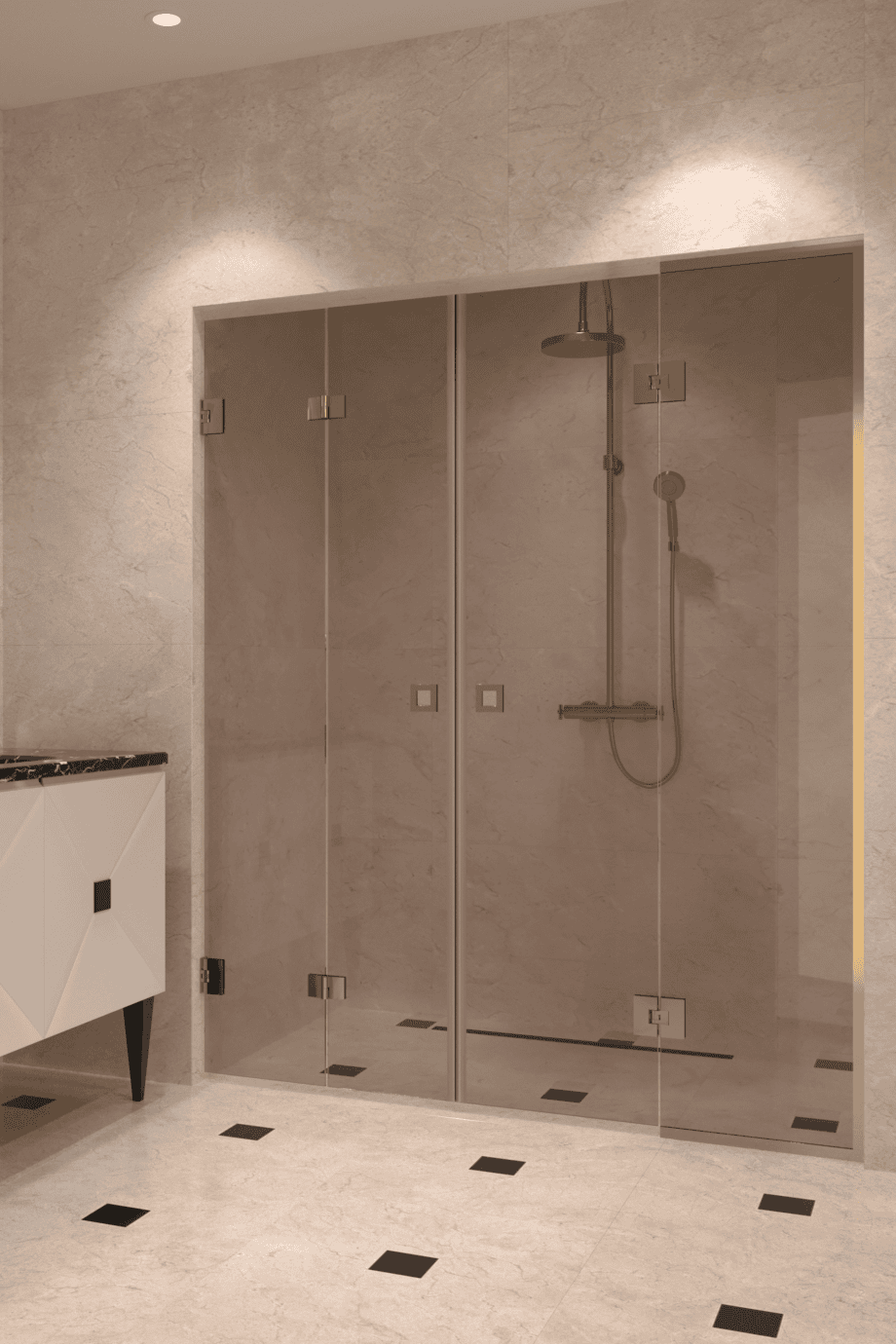 Alcove shower screen Hietakari Vetro 553, brass fittings, bronze tinted glass Alcove shower screen Hietakari Vetro 553, brass fittings, bronze tinted glass