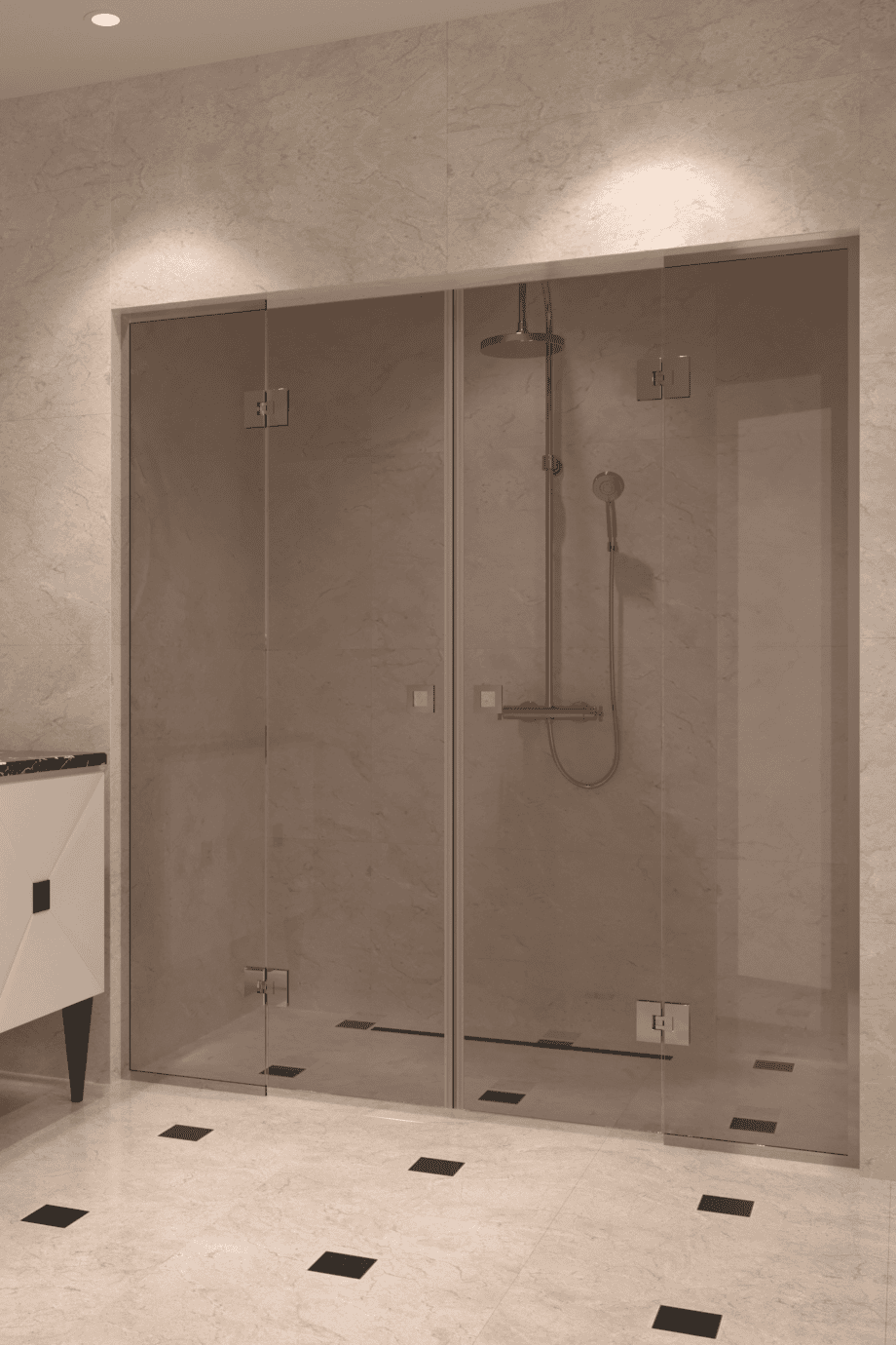 Alcove shower screen Hietakari Vetro 554, chrome fittings, bronze tinted glass Alcove shower screen Hietakari Vetro 554, chrome fittings, bronze tinted glass