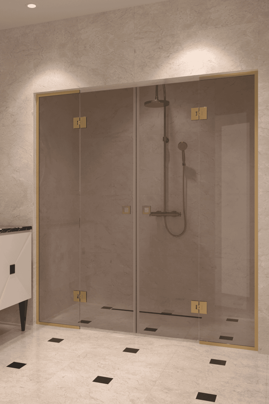 Alcove shower screen Hietakari Vetro 554, brass fittings, bronze tinted glass Alcove shower screen Hietakari Vetro 554, brass fittings, bronze tinted glass