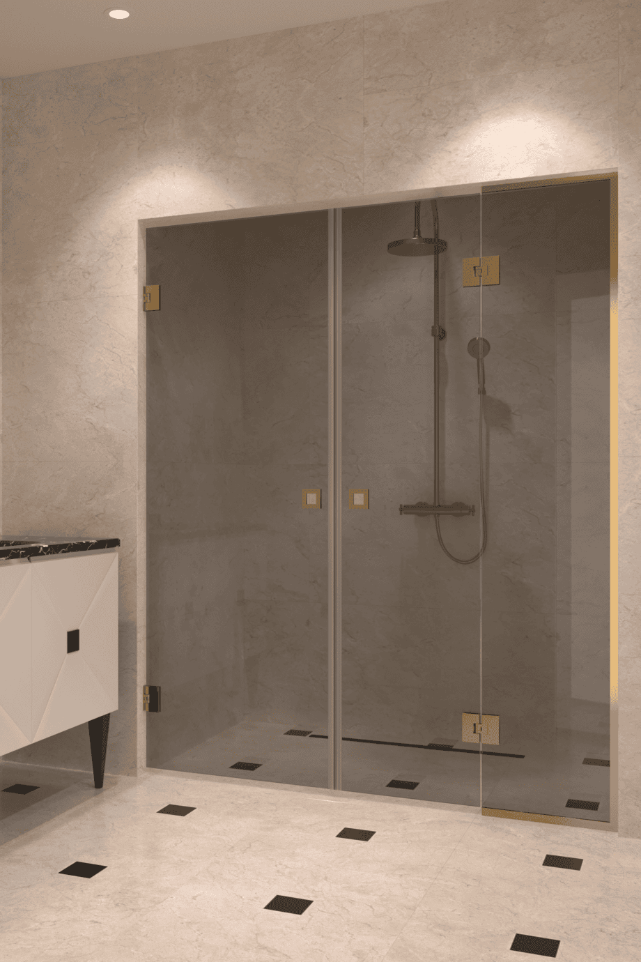 Alcove shower screen Hietakari Vetro 555, brass fittings, grey tinted glass