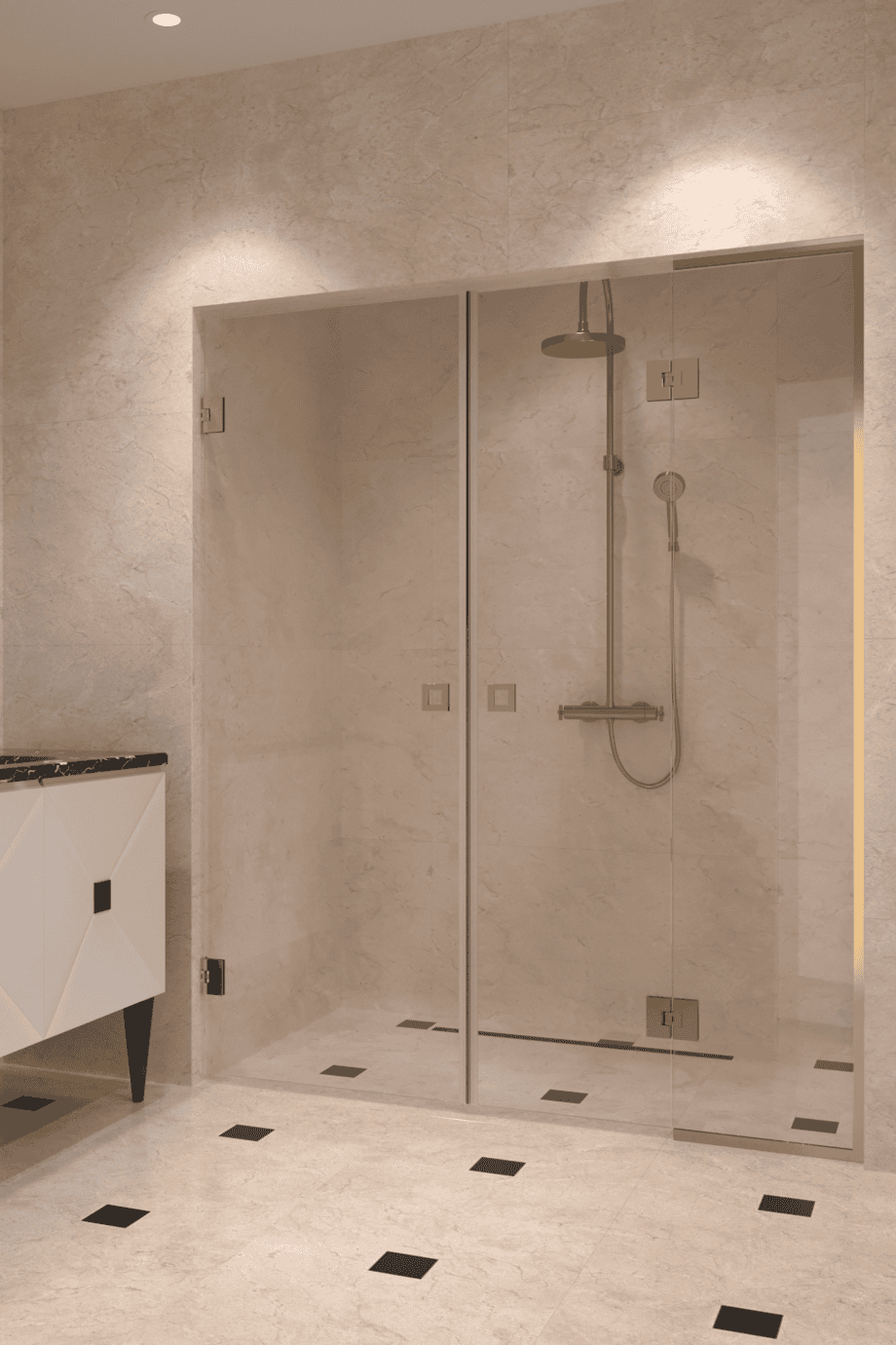 Alcove shower screen Hietakari Vetro 555, brass fittings, clear glass