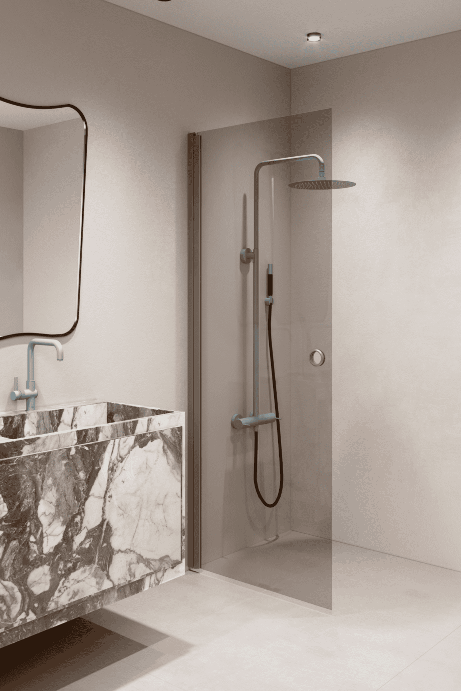 Hinged shower door Hietakari Forma 302, Mocha frame, grey tinted glass Hinged shower door Hietakari Forma 302, Mocha frame, grey tinted glass