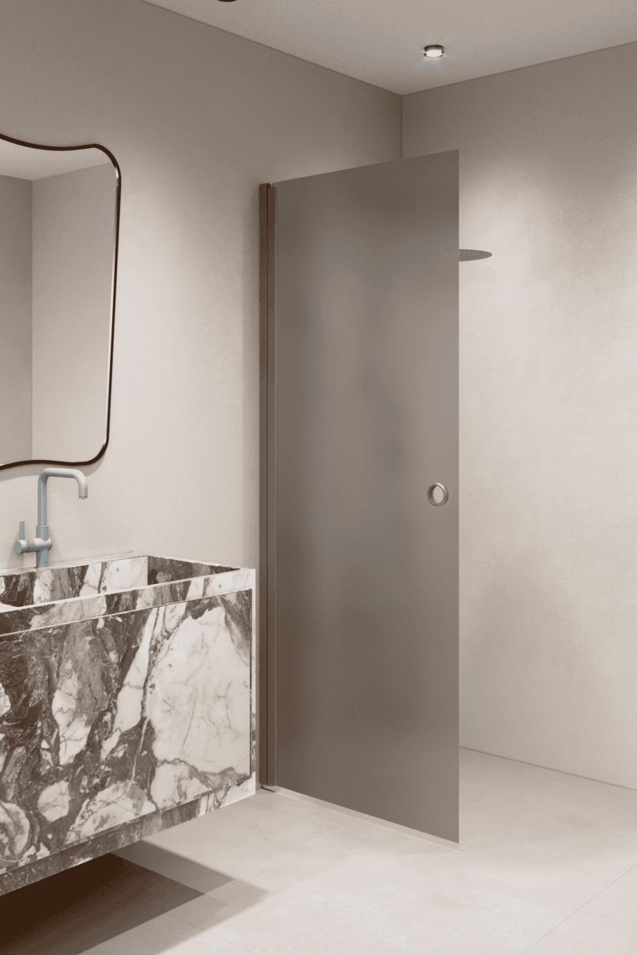 Hinged shower door Hietakari Forma 302, Mocha frame, grey satin glass Hinged shower door Hietakari Forma 302, Mocha frame, grey satin glass