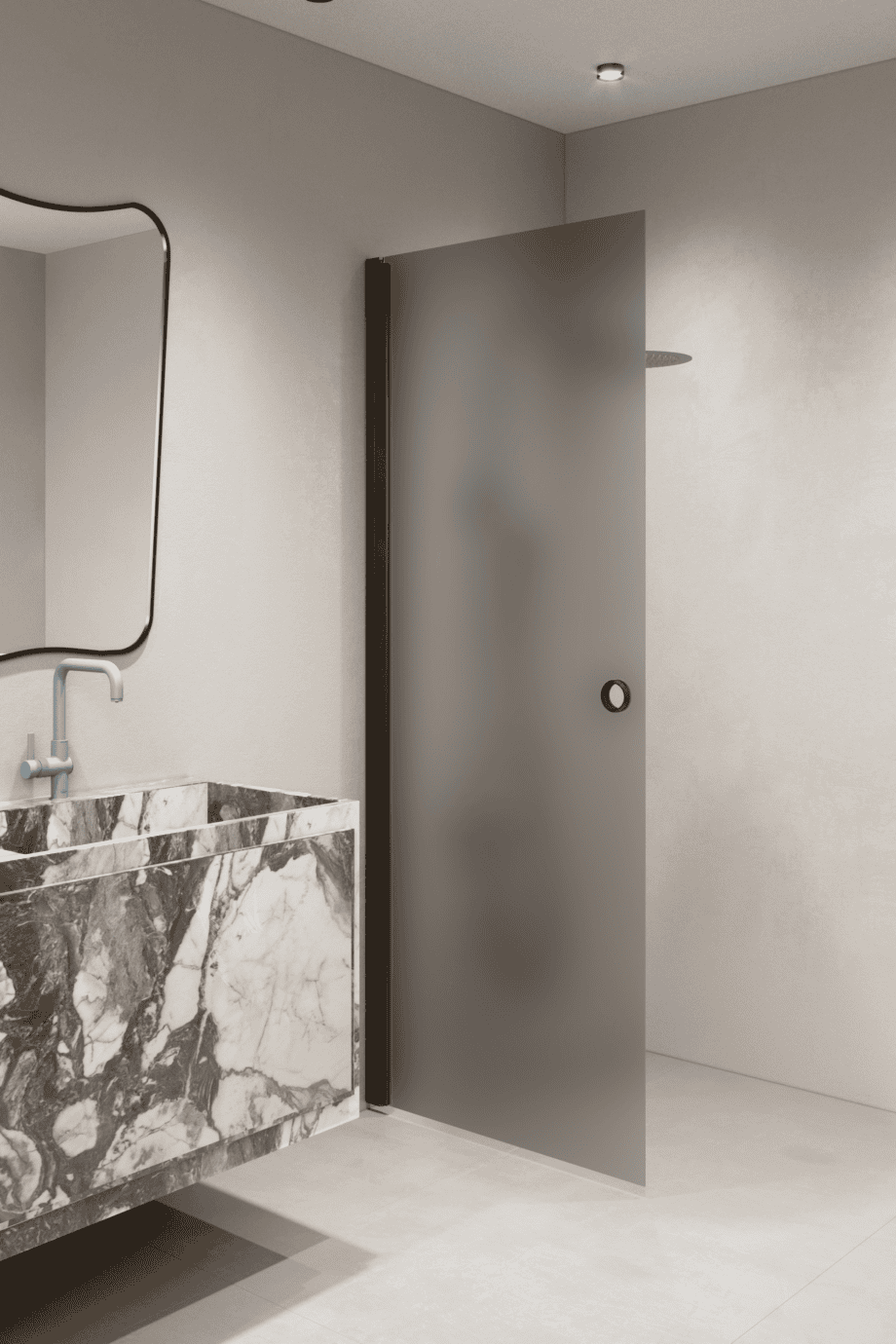 Hinged shower door Hietakari Forma 302, black frame, grey satin glass Hinged shower door Hietakari Forma 302, black frame, grey satin glass