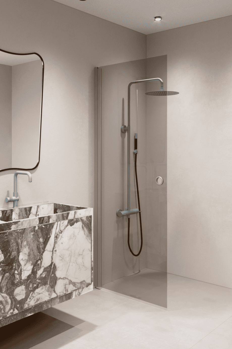 Hinged shower door Hietakari Forma 302, Sand frame, grey tinted glass Hinged shower door Hietakari Forma 302, Sand frame, grey tinted glass
