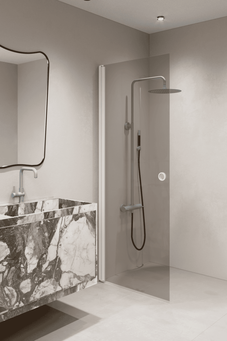 Hinged shower door Hietakari Forma 302, white frame, grey tinted glass Hinged shower door Hietakari Forma 302, white frame, grey tinted glass