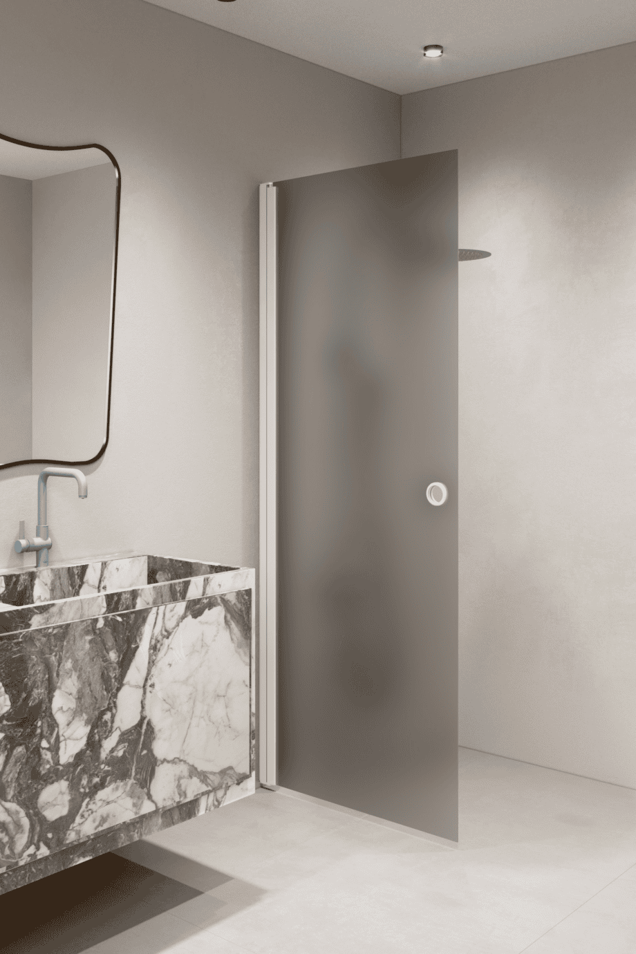 Hinged shower door Hietakari Forma 302, white frame, grey satin glass Hinged shower door Hietakari Forma 302, white frame, grey satin glass