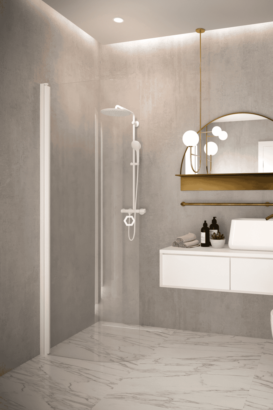 Curved hinged shower door Hietakari Forma 306, white frame, clear glass