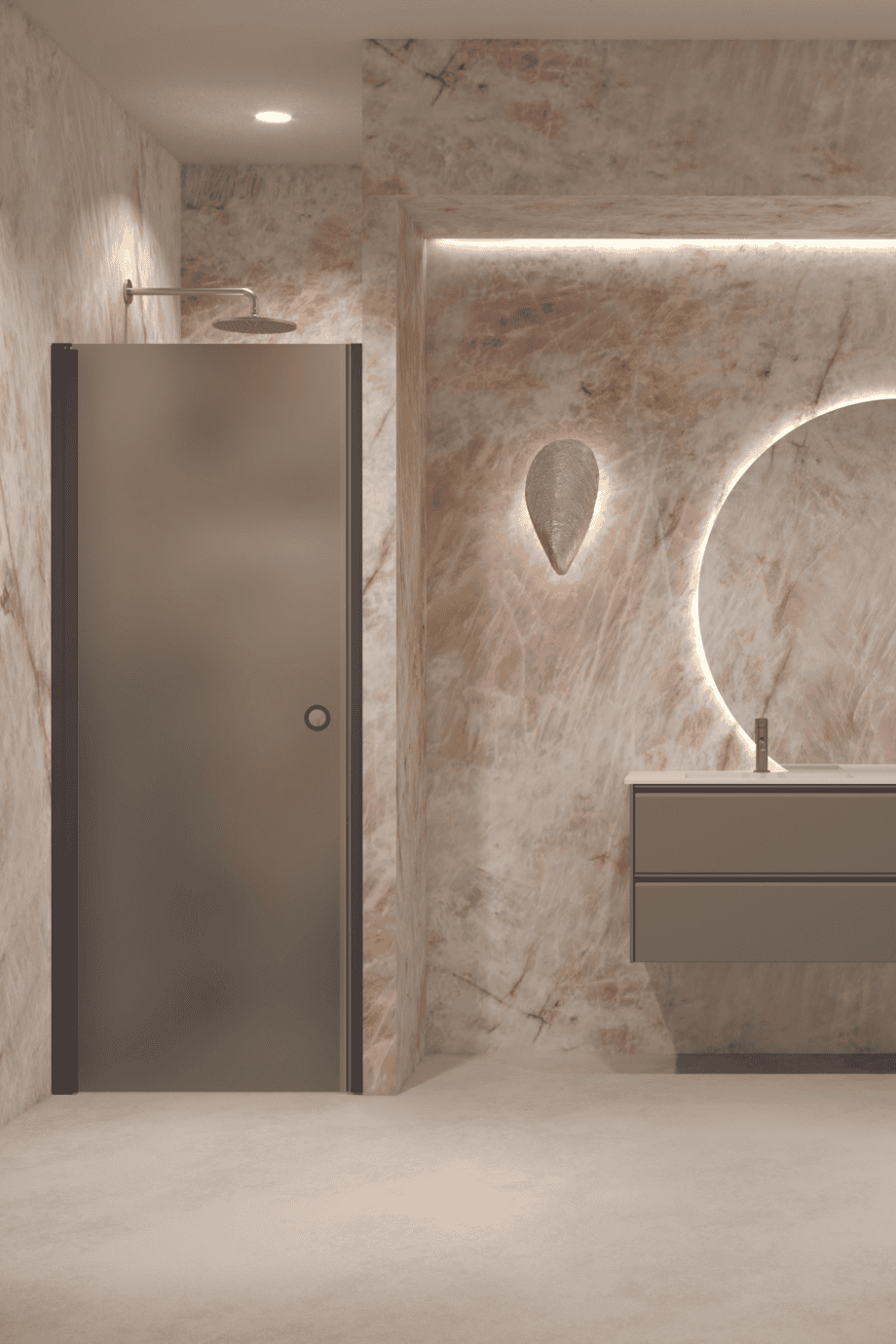 Hinged shower door with wall magnet Hietakari Forma 382, Cocoa frame, grey satin glass