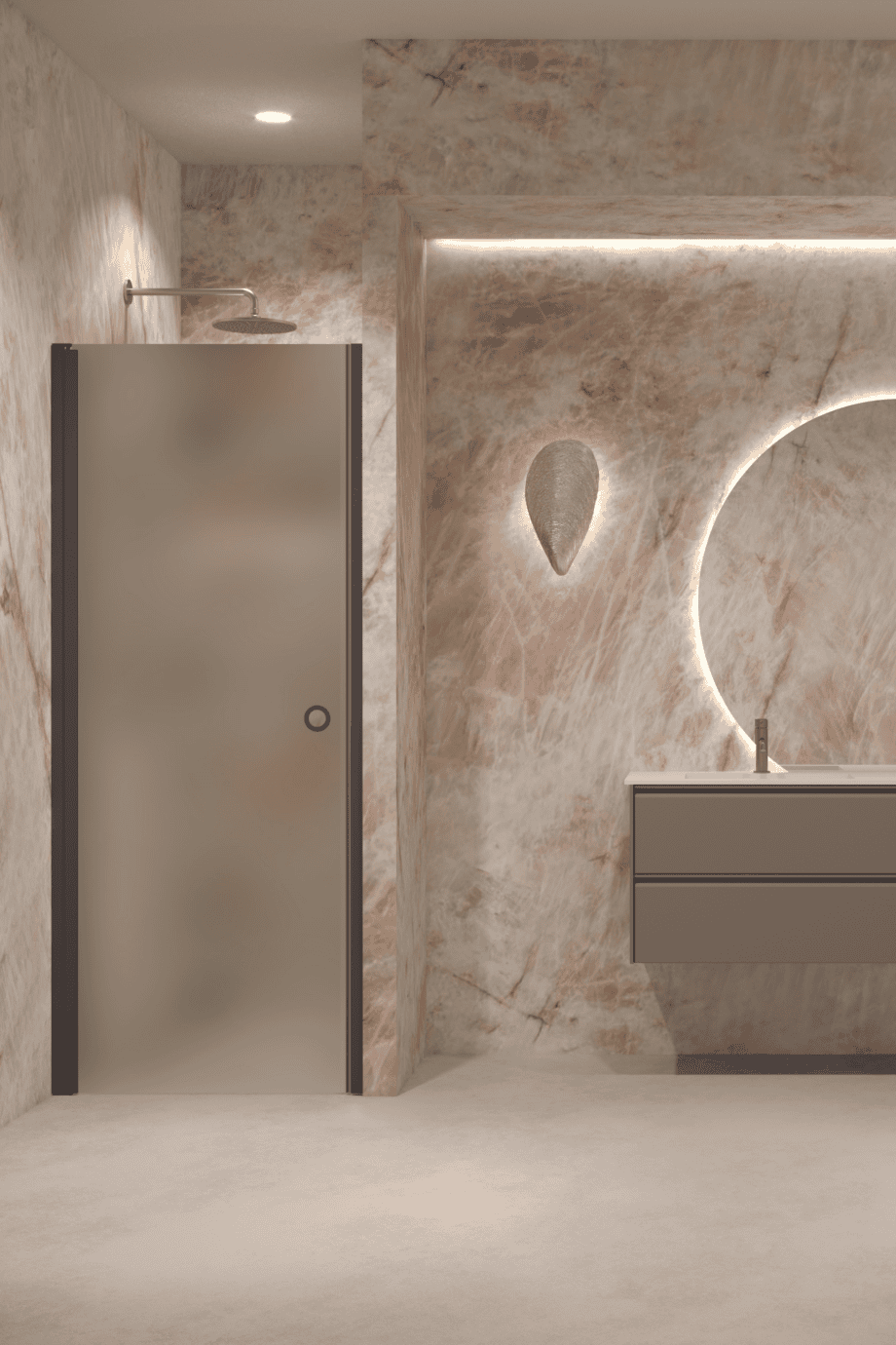 Hinged shower door with wall magnet Hietakari Forma 382, Cocoa frame, satin frosted glass
