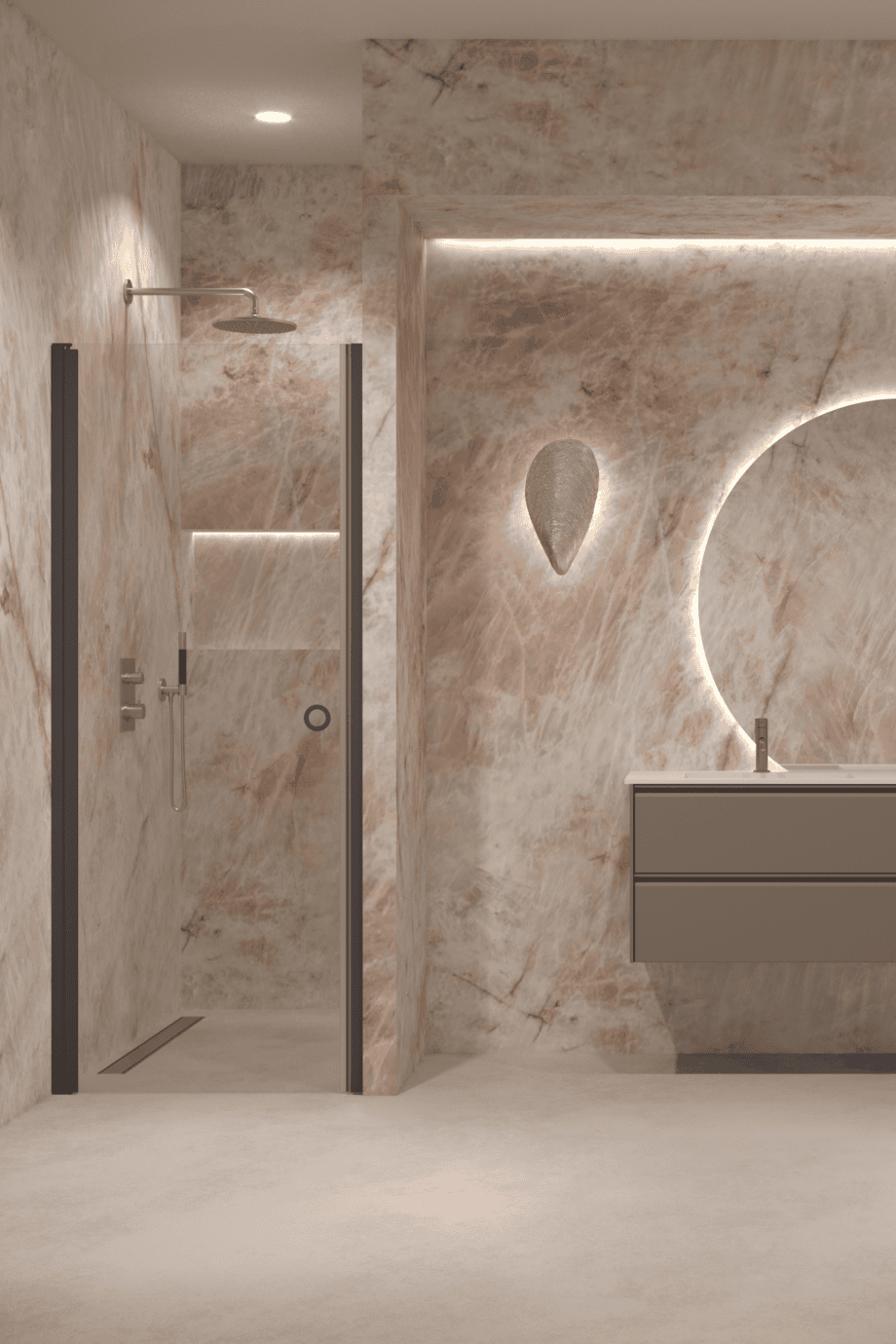 Hinged shower door with wall magnet Hietakari Forma 382, Cocoa frame, super bright glass