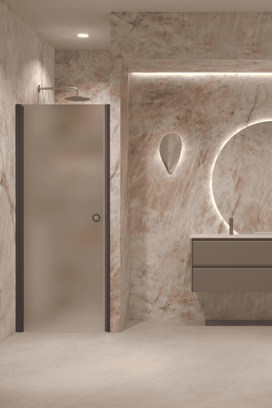Hinged shower door with wall magnet Hietakari Forma 382, Cocoa frame, super bright satin glass
