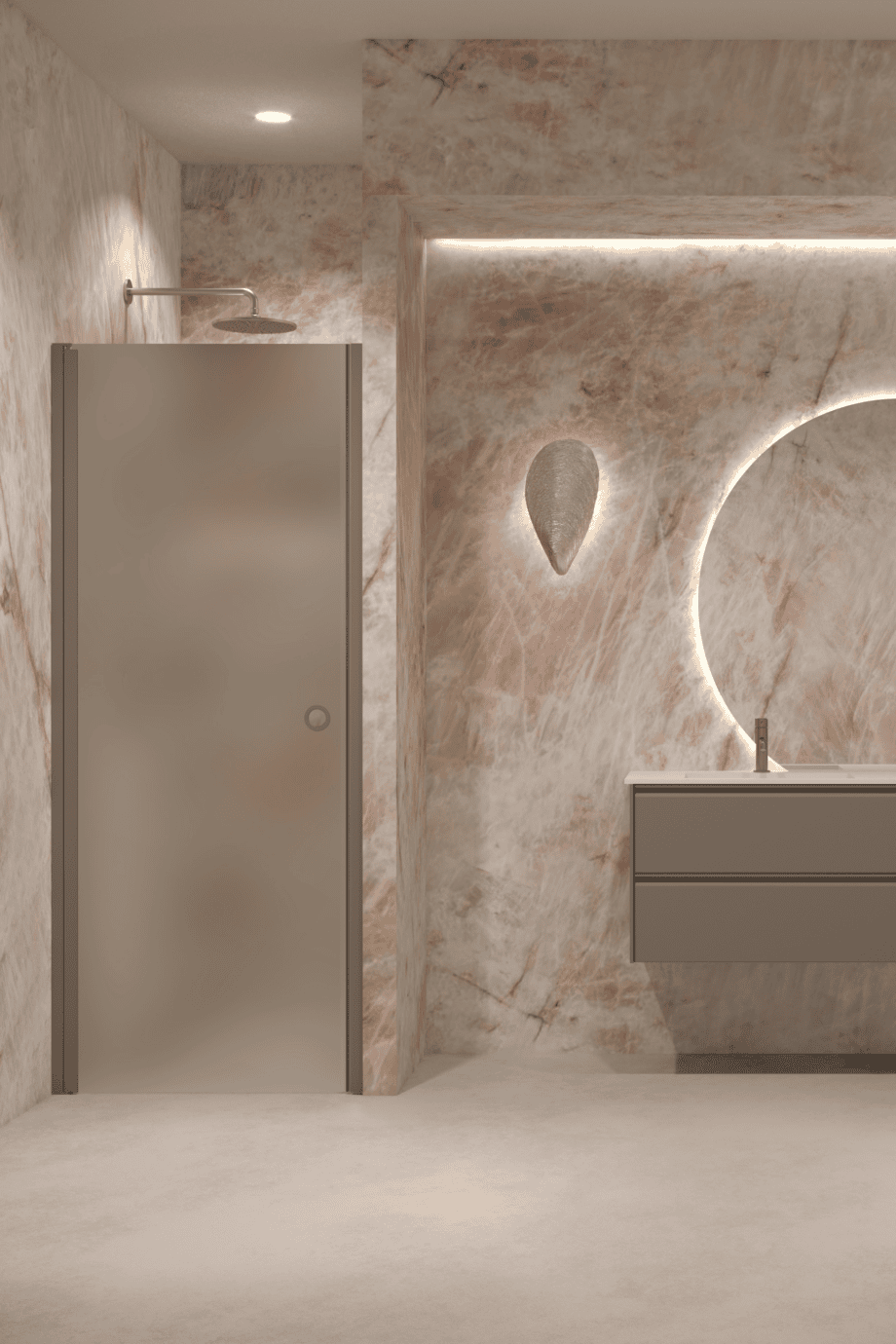Hinged shower door with wall magnet Hietakari Forma 382, Mocha frame, satin frosted glass