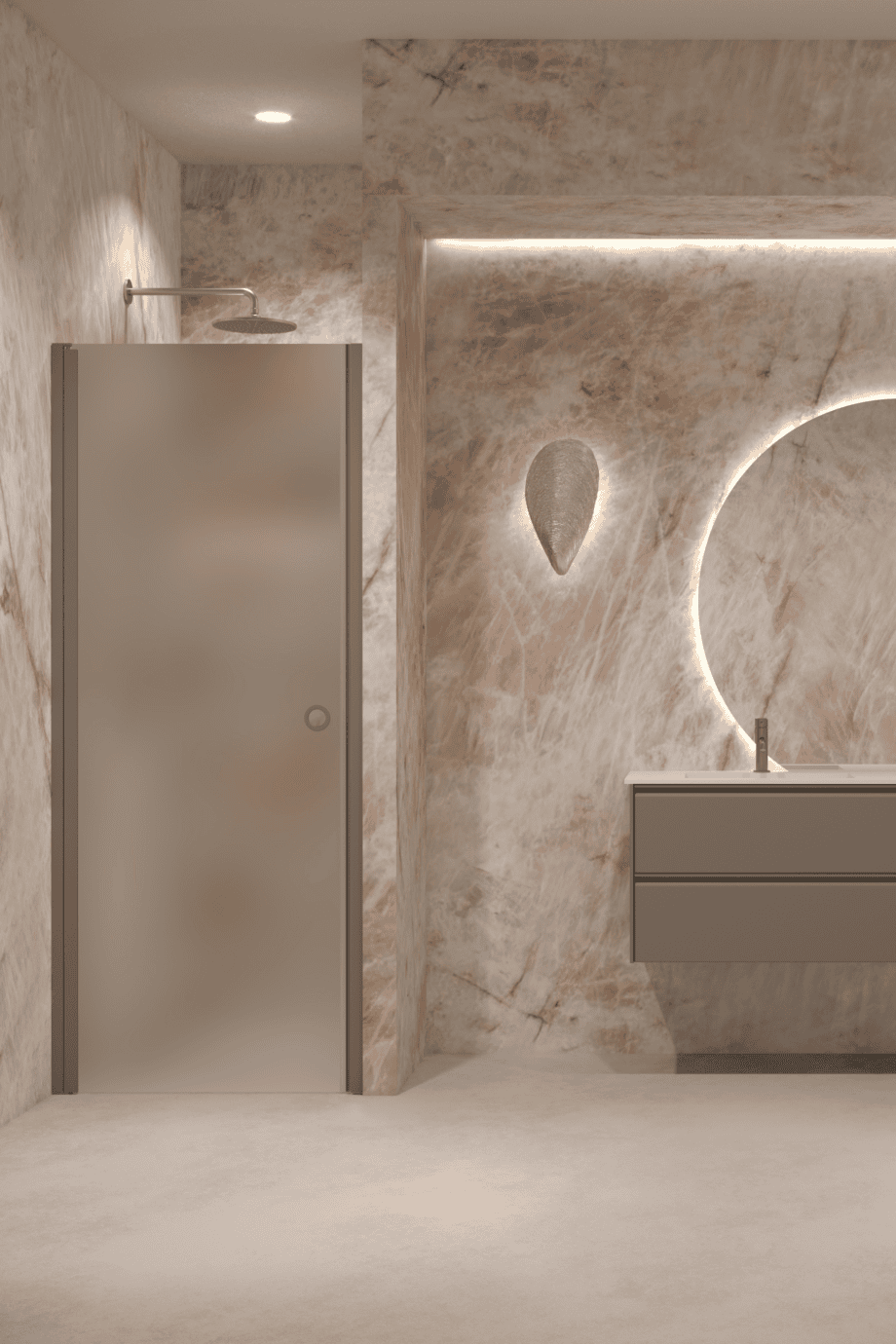 Hinged shower door with wall magnet Hietakari Forma 382, Mocha frame, super bright satin glass