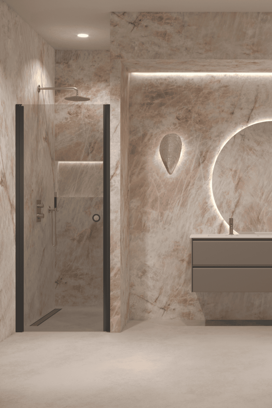 Hinged shower door with wall magnet Hietakari Forma 382, black frame, grey tinted glass