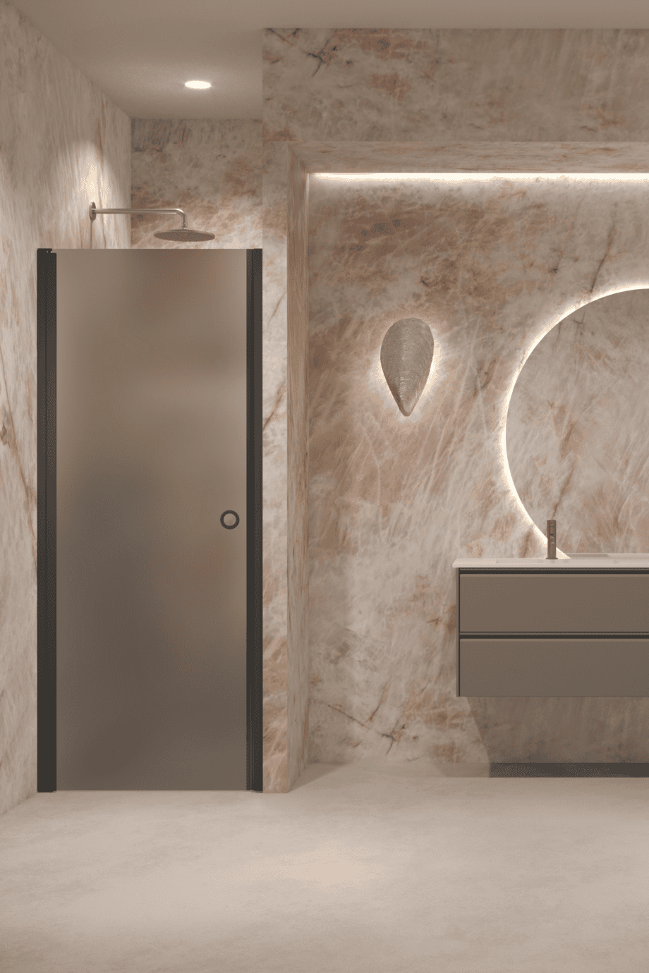 Hinged shower door with wall magnet Hietakari Forma 382, black frame, grey satin glass