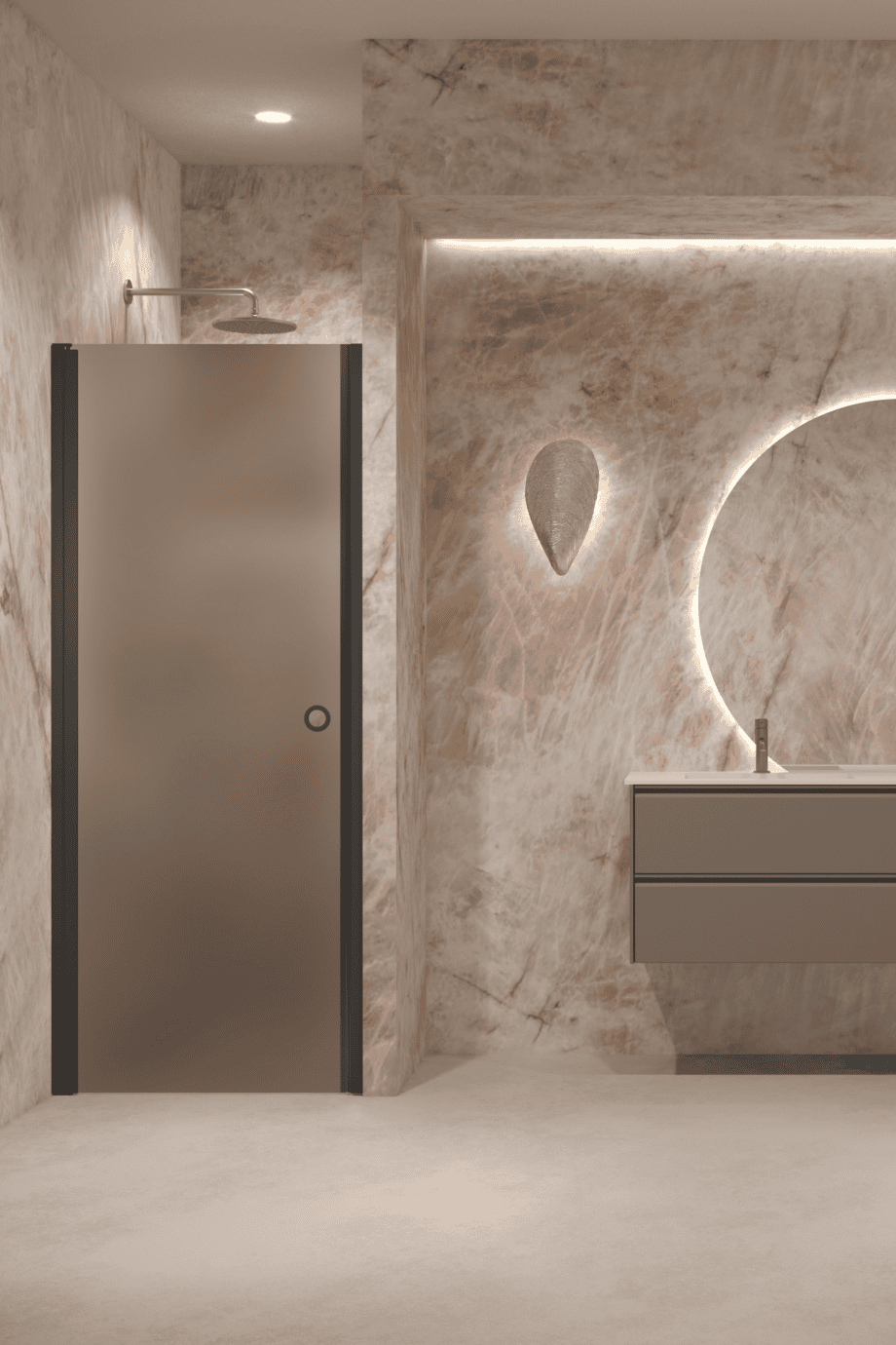 Hinged shower door with wall magnet Hietakari Forma 382, black frame, brown satin glass