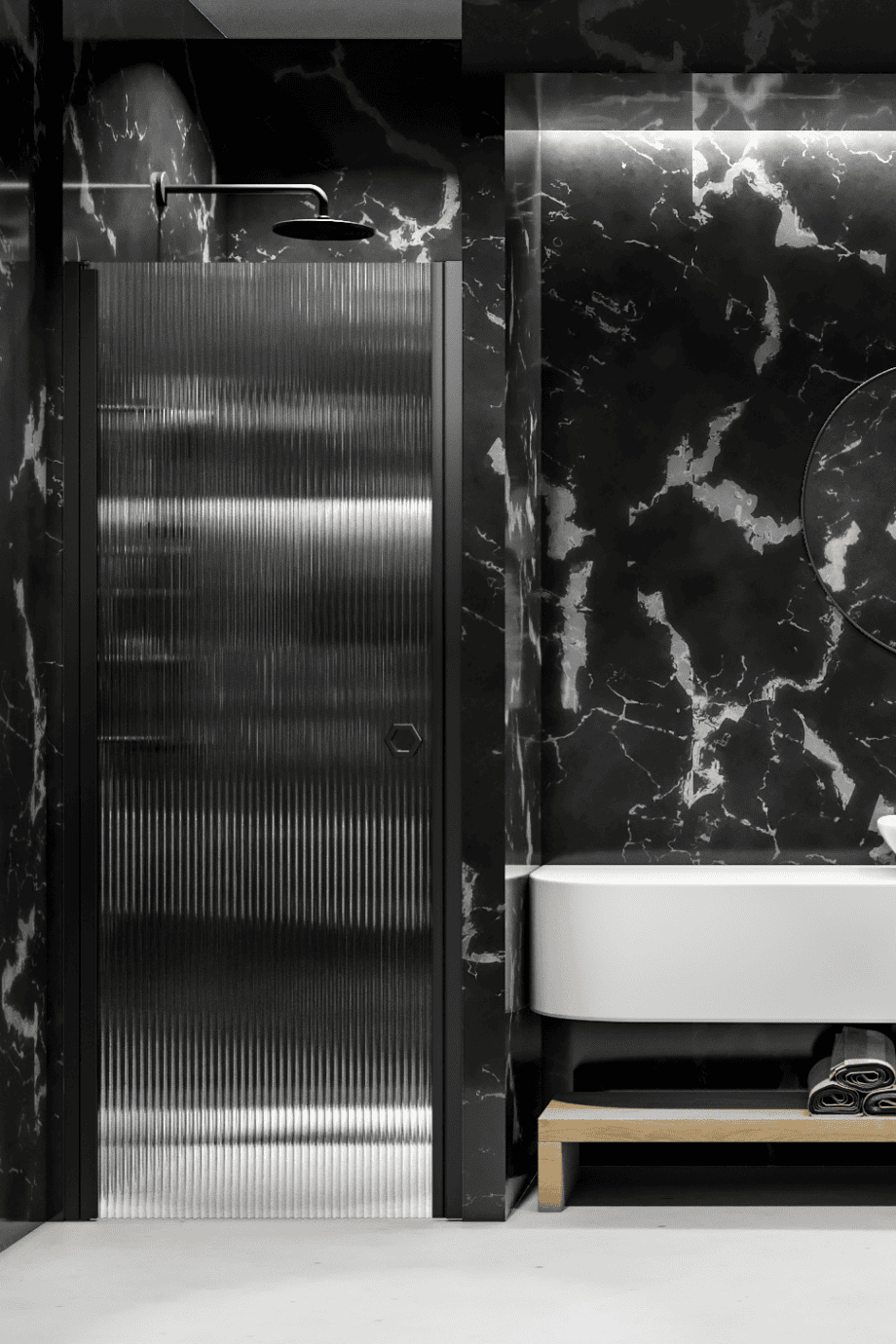 Hinged shower door with wall magnet Hietakari Forma 382, black frame, reeded glass
