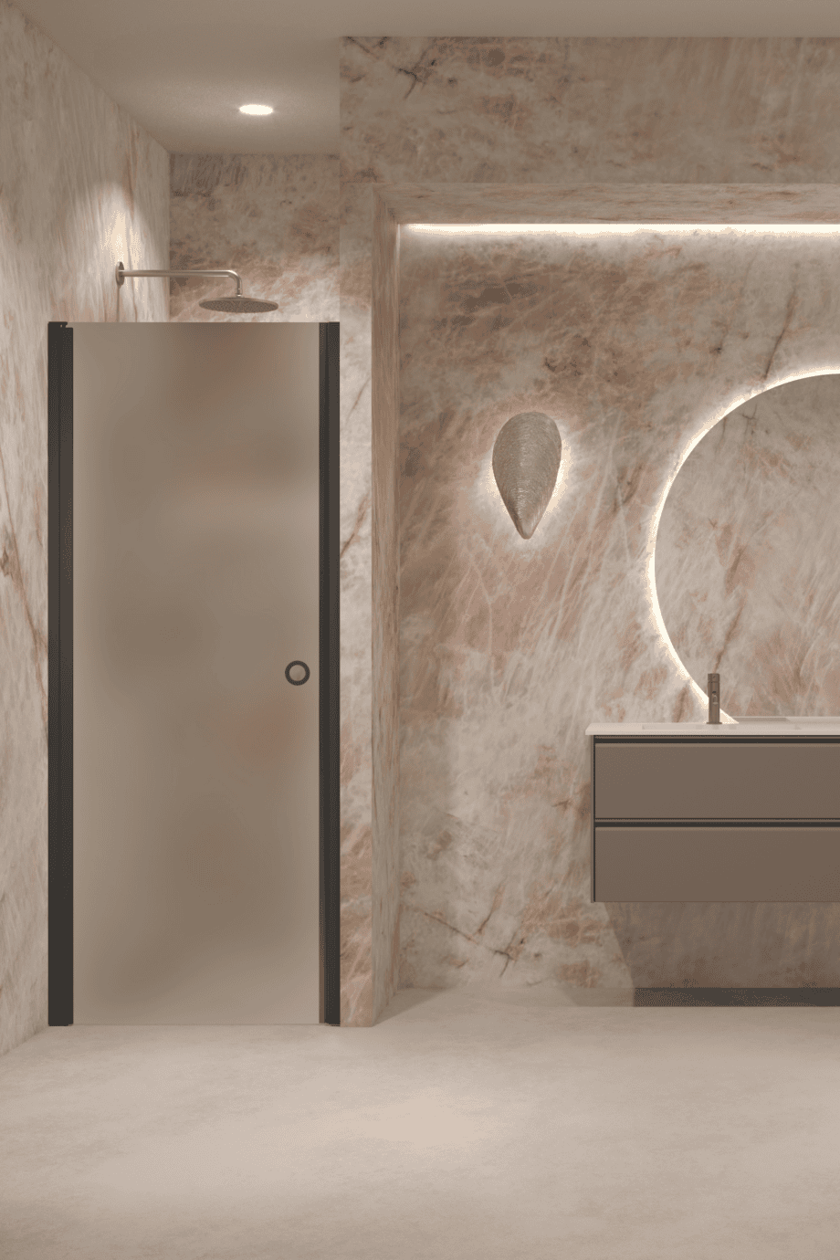Hinged shower door with wall magnet Hietakari Forma 382, black frame, satin frosted glass
