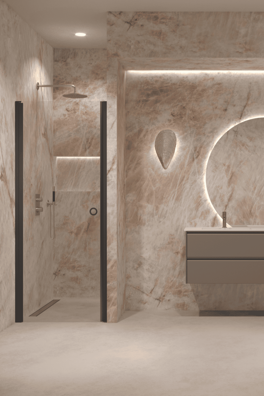 Hinged shower door with wall magnet Hietakari Forma 382, black frame, super bright glass