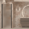 Hinged shower door with wall magnet Hietakari Forma 382, black frame, super bright satin glass