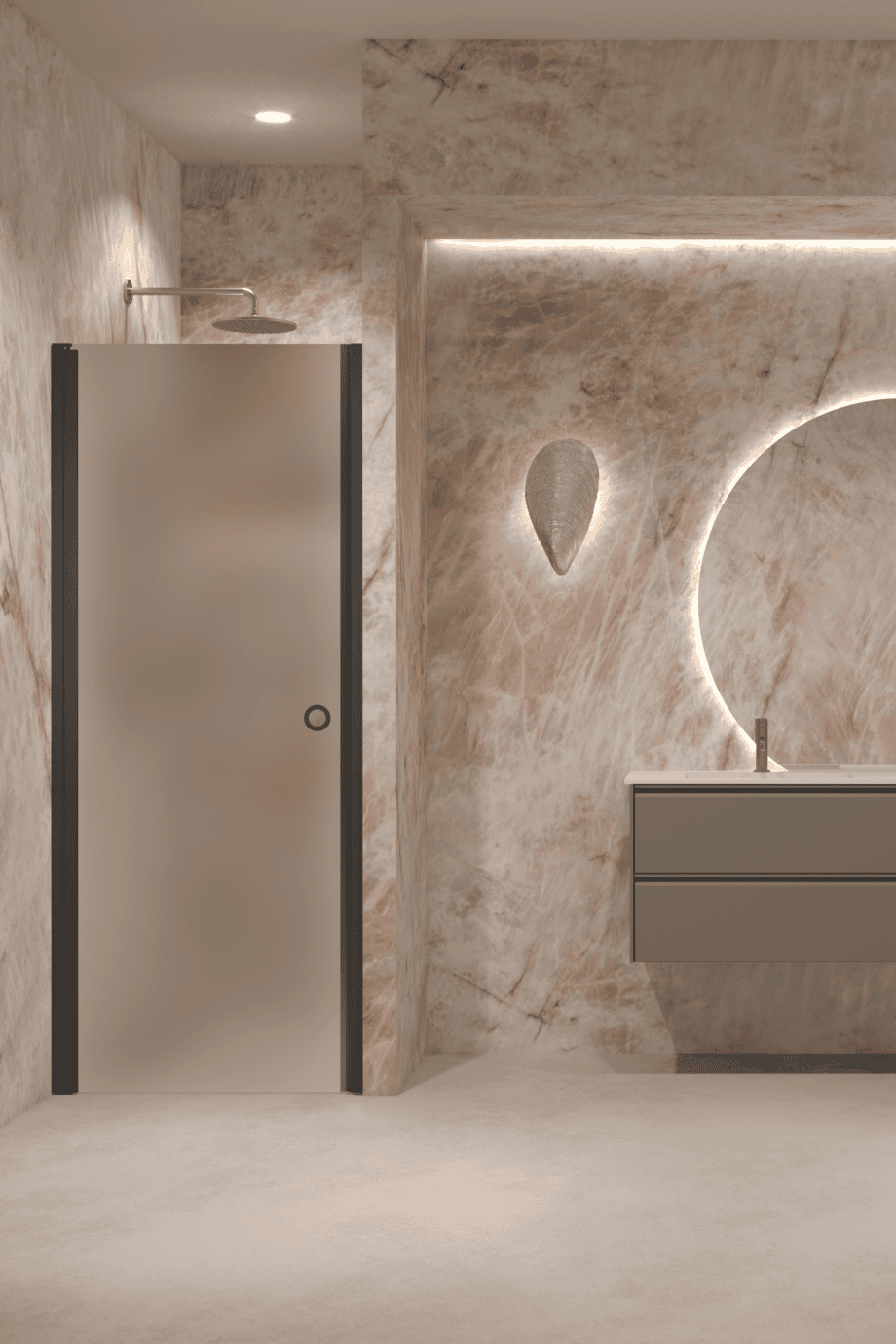 Hinged shower door with wall magnet Hietakari Forma 382, black frame, super bright satin glass
