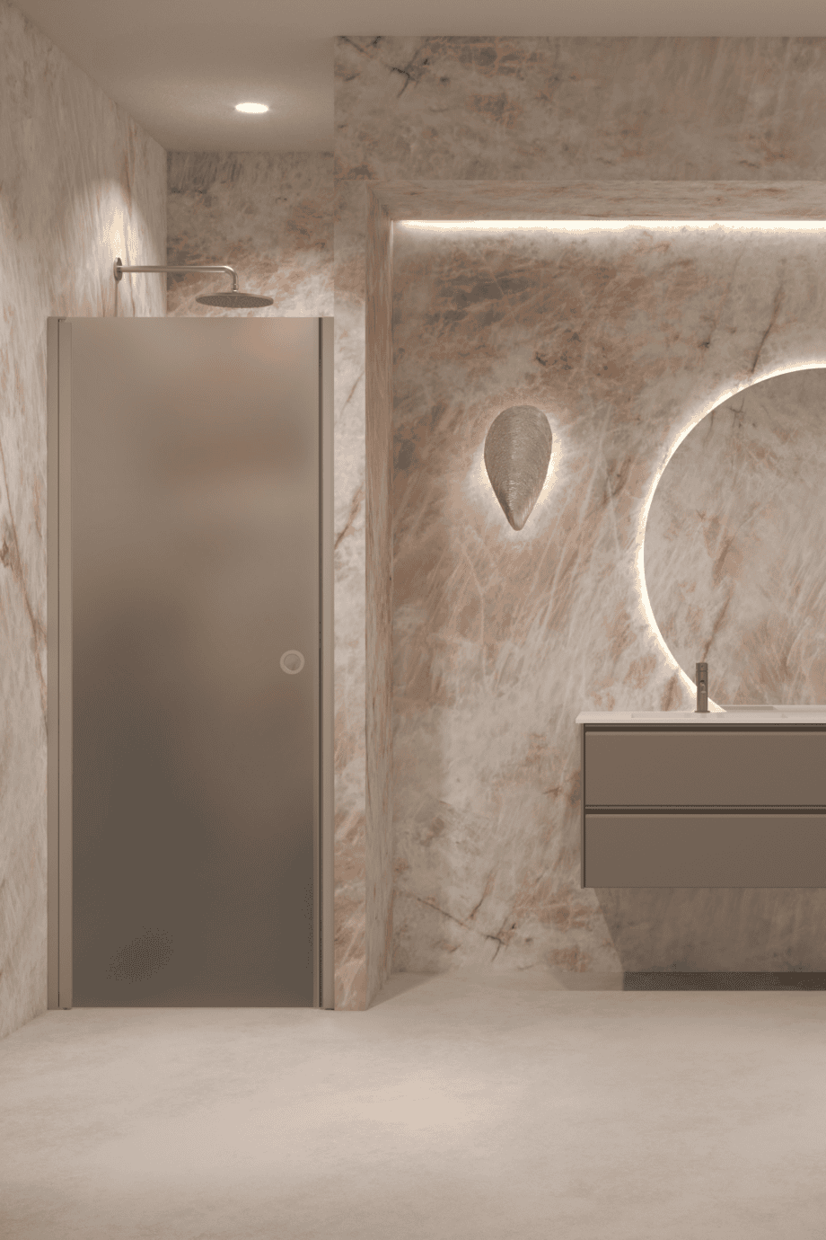 Hinged shower door with wall magnet Hietakari Forma 382, Sand frame, grey satin glass